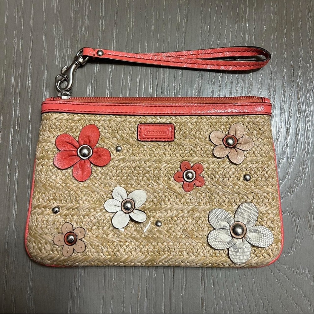 Coach Tan and Red Floral Wristlet
